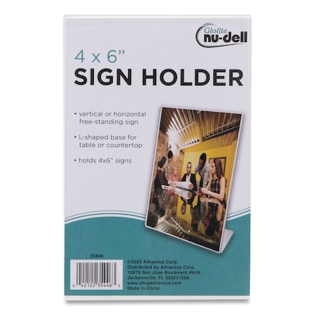 Nudell Clear Plastic Slanted L-Shaped Countertop Sign Holder, Side-Load, Horizontal/Vertical, 4 x 6 Insert 35446